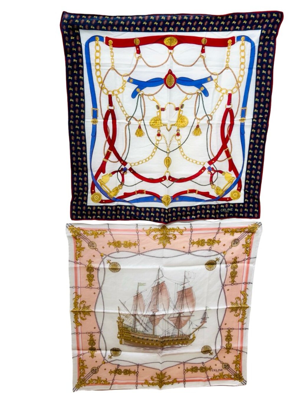 2) Celine Paris Neck-kerchief Cotton made 18.5" white blue red gold chain (89 - Picture 5 of 11